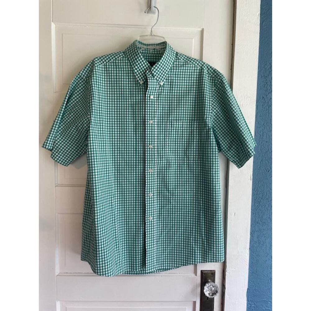 Jos. A. Bank Size Large Short Sleeve Button Front‎ Green & White Checked Shirt